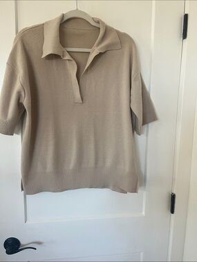 Women's Beige Short-Sleeve V-Neck Polo Sweater